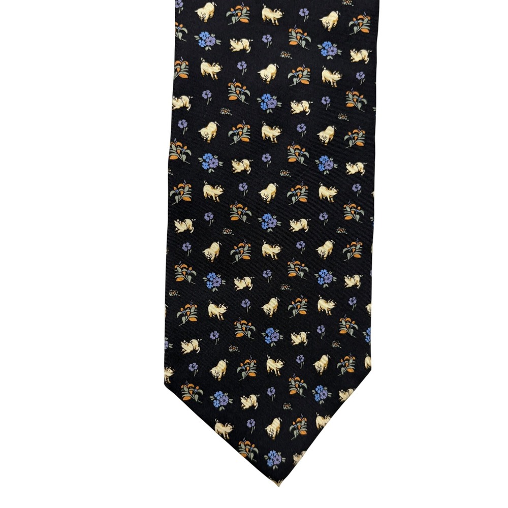Grant Thomas Mens Silk Tie Black Pig Floral Animal Print Made in USA Novelty